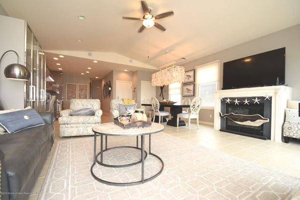 Chandelier, Dining room, Fireplace, Interior, Kitchen, Living room, Pendant Lights, Recessed Lighting