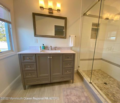 Bathroom, Glass Shower, Interior, Wood Texture Flooring