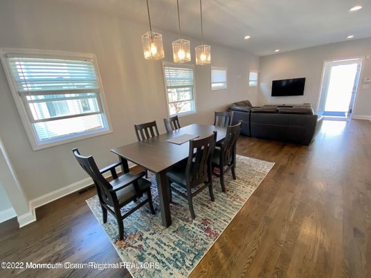 Dining room, Interior, Pendant Lights, Recessed Lighting, Wood Texture Flooring