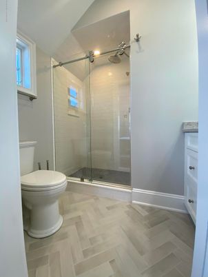 Bathroom, Glass Shower, Interior, Wood Texture Flooring