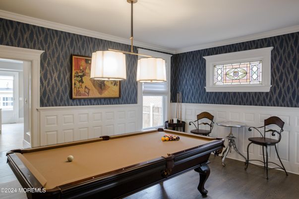 Billiard Table, Game Room, Interior, Pendant Lights, Wood Texture Flooring