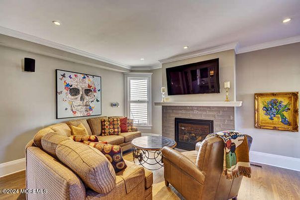 Fireplace, Interior, Living room, Recessed Lighting, Wood Texture Flooring