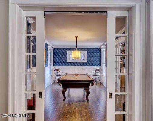 Billiard Table, Game Room, Interior, Pendant Lights, Wood Texture Flooring