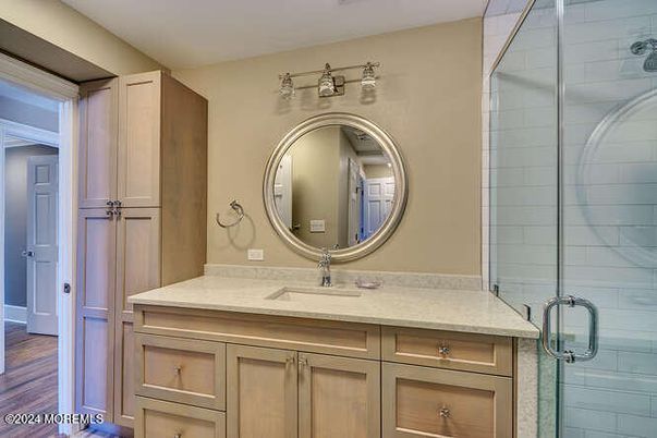 Bathroom, Glass Shower, Interior, Wood Texture Flooring