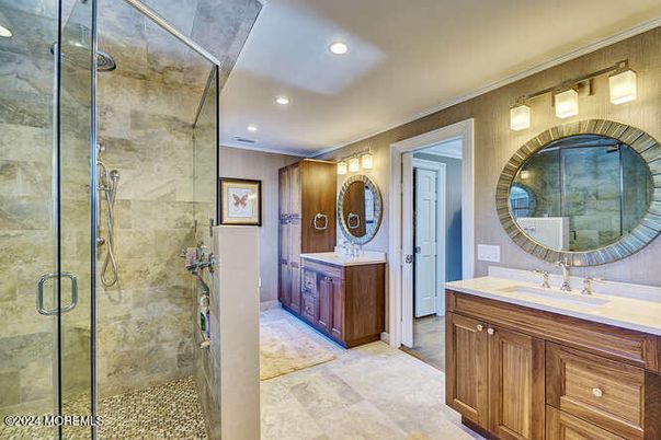 Bathroom, Dual Sink Vanities, Glass Shower, Interior, Recessed Lighting