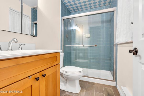 Bathroom, Glass Shower, Interior, Wood Texture Flooring