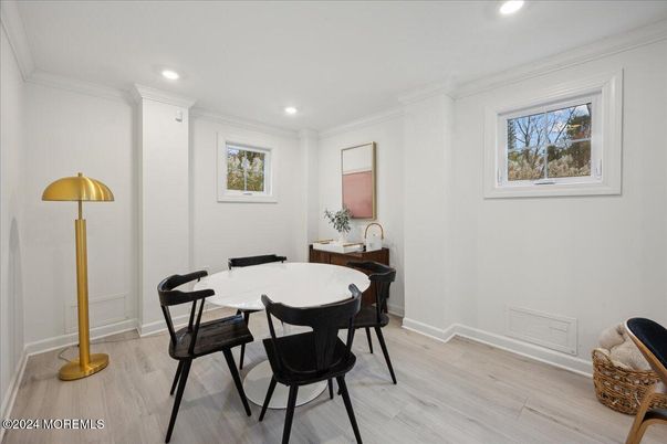 Dining room, Interior, Recessed Lighting, Wood Texture Flooring