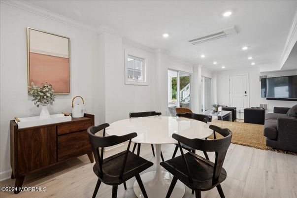 Dining room, Interior, Living room, Recessed Lighting, Wood Texture Flooring