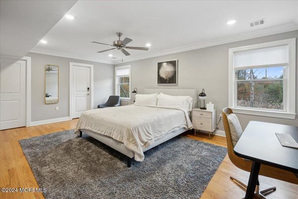 Bedroom, Interior, Recessed Lighting, Wood Texture Flooring