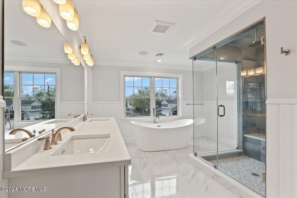 Bathroom, Dual Sink Vanities, Free Standing Baths, Glass Shower, Interior, Marble, Recessed Lighting