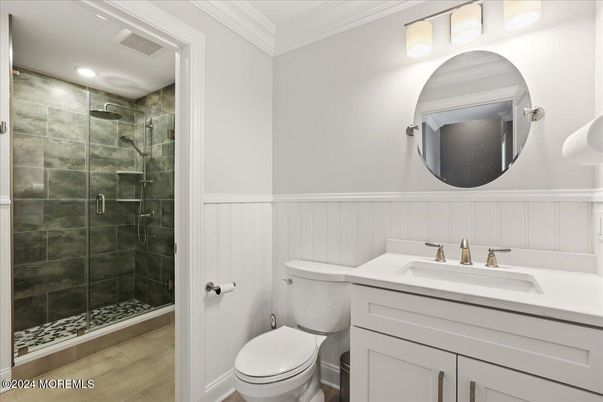 Bathroom, Glass Shower, Interior, Recessed Lighting, Wood Texture Flooring