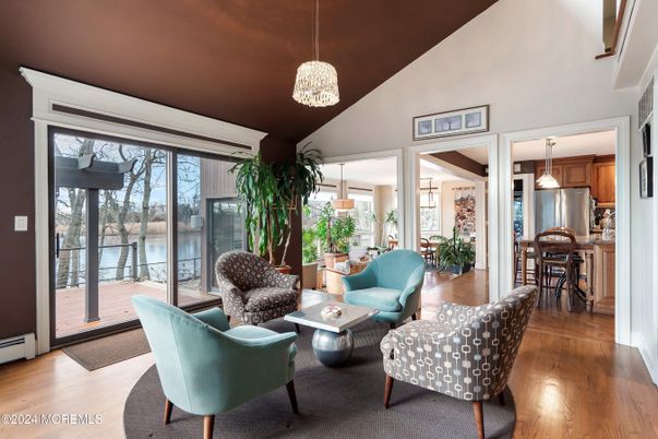 Dining room, Interior, Kitchen, Living room, Pendant Lights, Water, Wood Texture Flooring