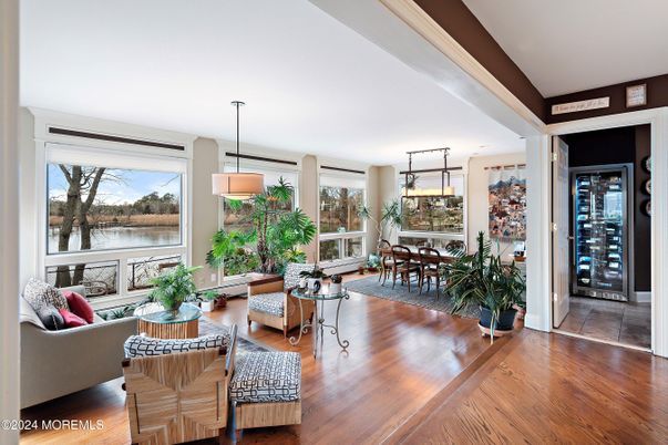 Dining room, Interior, Living room, Pendant Lights, Water, Wood Texture Flooring