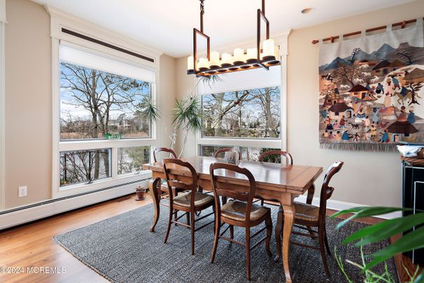 Chandelier, Dining room, Interior, Pendant Lights, Recessed Lighting, Wood Texture Flooring