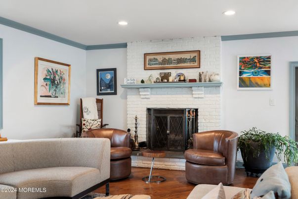 Fireplace, Interior, Recessed Lighting, Stone Walls, Wood Texture Flooring