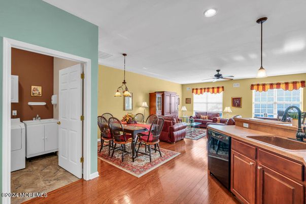 Dining room, Interior, Living room, Pendant Lights, Recessed Lighting, Wood Texture Flooring