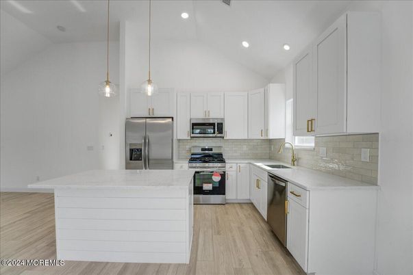Interior, Kitchen, Pendant Lights, Recessed Lighting, Stainless Steel Appliances, Wood Texture Flooring