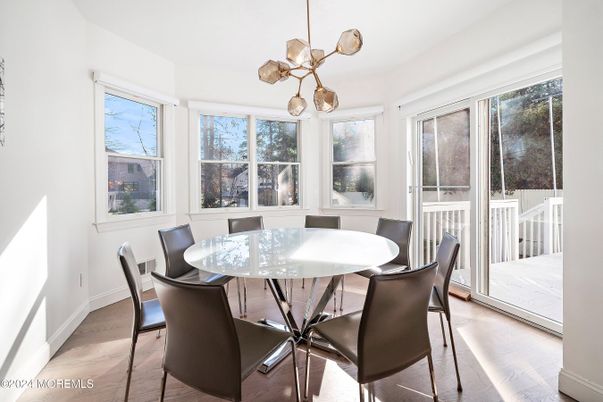 Dining room, Interior, Pendant Lights, Wood Texture Flooring