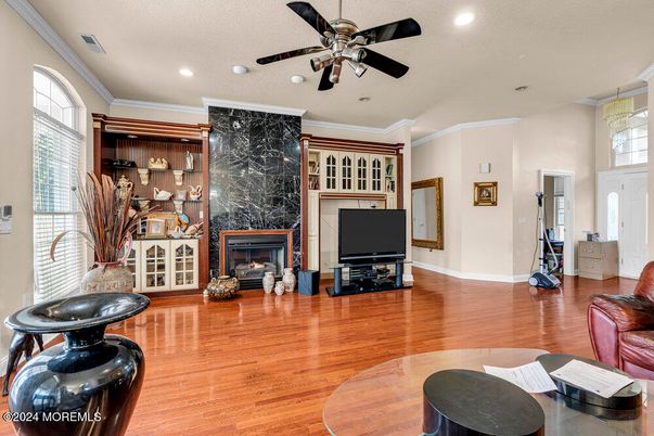 Fireplace, Interior, Recessed Lighting, Wood Texture Flooring
