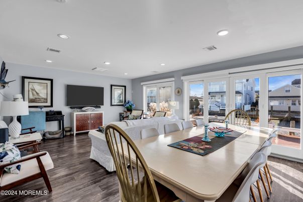 Dining room, Interior, Living room, Recessed Lighting, Wood Texture Flooring