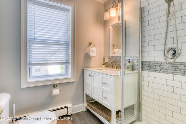 Bathroom, Glass Shower, Interior, Wood Texture Flooring