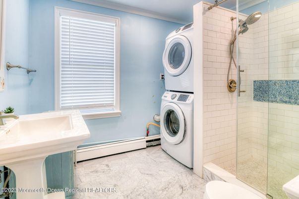 Bathroom, Glass Shower, Interior, Marble, Utility Closets, Washer