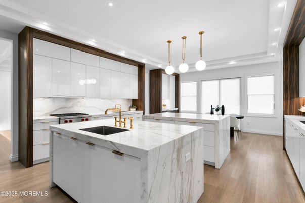 Interior, Kitchen, Marble Walls, Pendant Lights, Recessed Lighting, Wood Texture Flooring