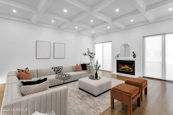 Fireplace, Interior, Living room, Recessed Lighting, Wood Texture Flooring