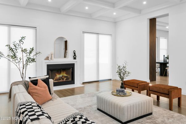Fireplace, Interior, Living room, Recessed Lighting, Wood Texture Flooring