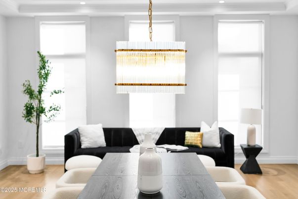 Dining room, Interior, Living room, Recessed Lighting, Wood Texture Flooring