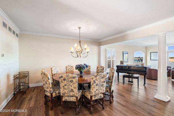 Chandelier, Dining room, Interior, Piano, Wood Texture Flooring