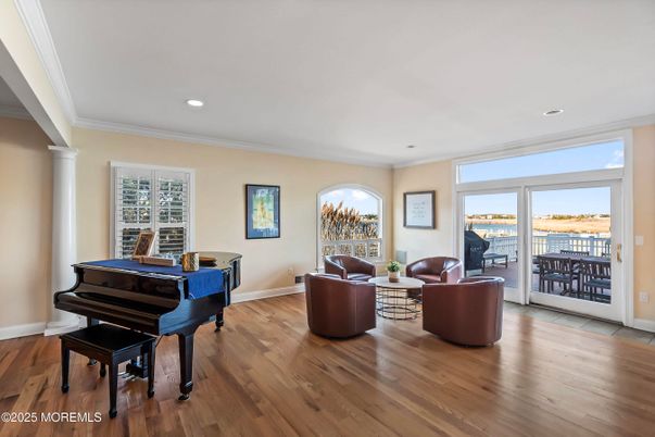 Interior, Living room, Piano, Recessed Lighting, Wood Texture Flooring