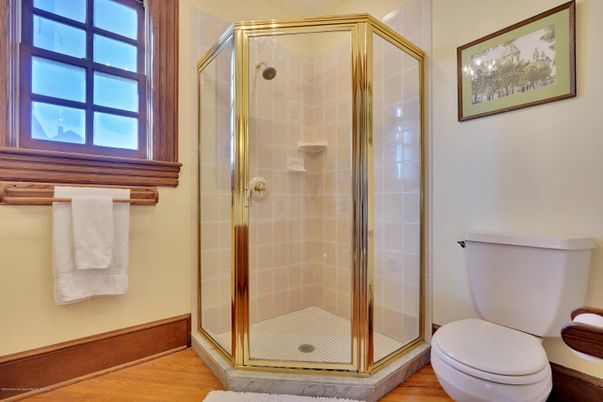 Bathroom, Glass Shower, Interior, Wood Texture Flooring