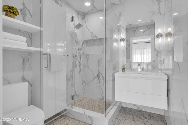 Bathroom, Glass Shower, Interior, Marble Walls, Recessed Lighting