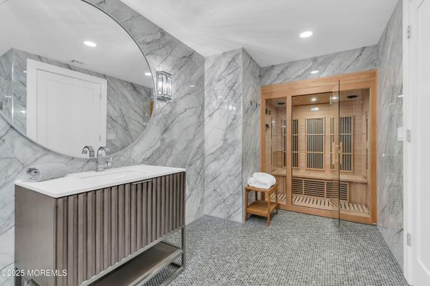 Bathroom, Glass Shower, Interior, Marble Walls, Recessed Lighting, Sauna Room