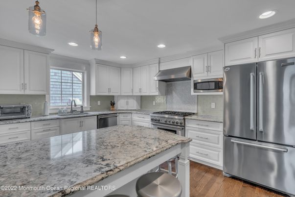 Interior, Kitchen, Pendant Lights, Recessed Lighting, Stainless Steel Appliances, Wood Texture Flooring
