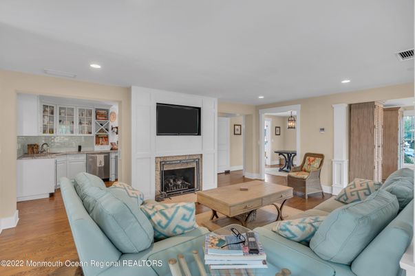 Fireplace, Interior, Kitchen, Living room, Recessed Lighting, Wood Texture Flooring