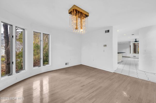 Chandelier, Empty room, Interior, Recessed Lighting, Wood Texture Flooring