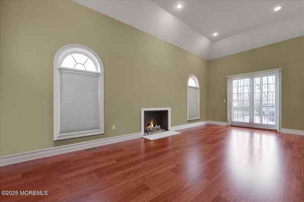 Empty room, Fireplace, Interior, Recessed Lighting, Wood Texture Flooring