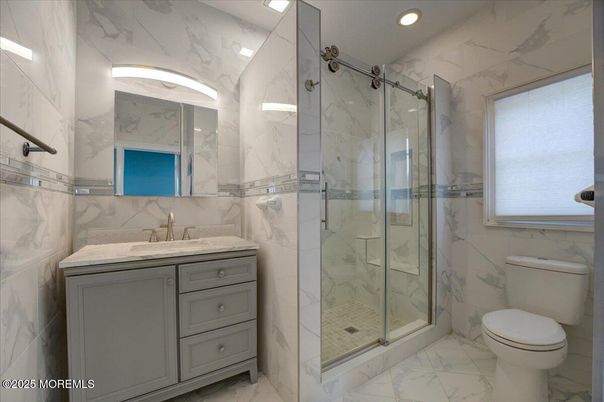 Bathroom, Glass Shower, Interior, Marble, Marble Walls, Recessed Lighting