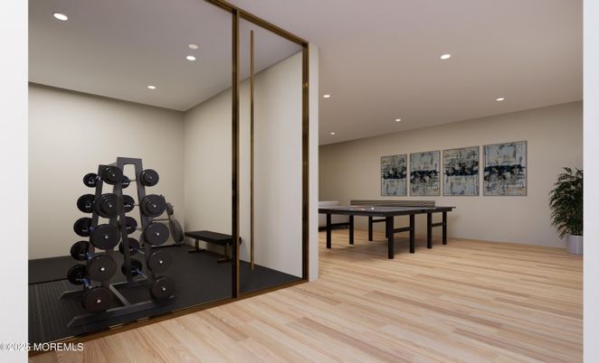 Fitness Equipment, Game Room, Interior, Recessed Lighting, Wood Texture Flooring
