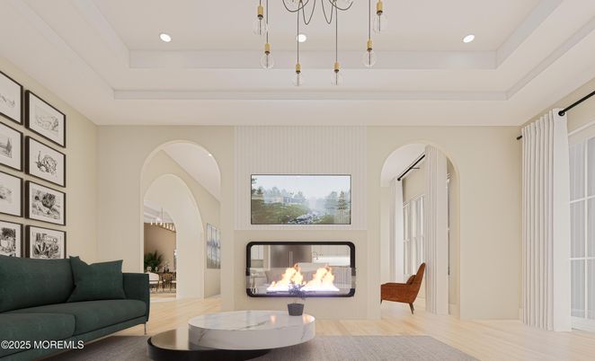 Fireplace, Interior, Living room, Pendant Lights, Recessed Lighting, Wood Texture Flooring