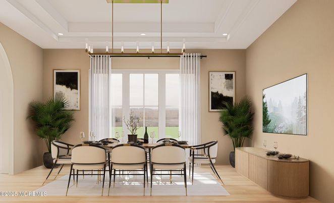 Dining room, Interior, Pendant Lights, Recessed Lighting, Wood Texture Flooring