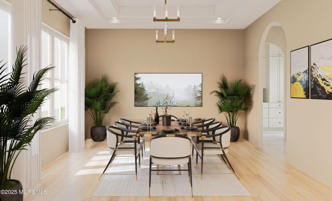 Dining room, Interior, Pendant Lights, Recessed Lighting, Wood Texture Flooring