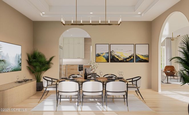 Dining room, Interior, Pendant Lights, Recessed Lighting, Wood Texture Flooring