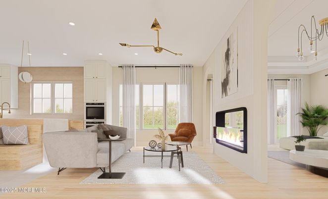 Fireplace, Interior, Kitchen, Living room, Pendant Lights, Recessed Lighting, Wood Texture Flooring