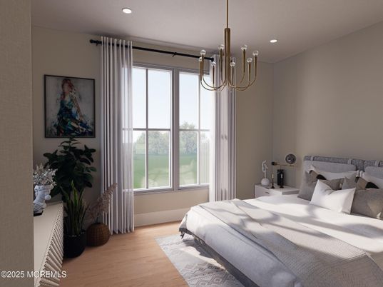 Bedroom, Chandelier, Interior, Recessed Lighting, Wood Texture Flooring