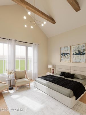 Bedroom, Interior, Pendant Lights, Recessed Lighting, Wooden Beams, Wood Texture Flooring