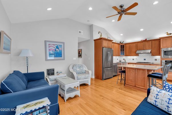 Interior, Kitchen, Living room, Recessed Lighting, Stainless Steel Appliances, Wood Texture Flooring