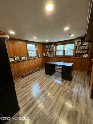 Home Office, Interior, Recessed Lighting, Wood Texture Flooring, Wooden Walls